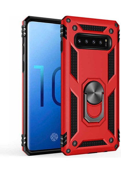Samsung Galaxy S10 Kılıf Yüzüklü Standlı Tank Çift Katmanlı Vega Kırmızı