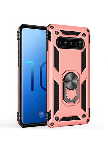 Samsung Galaxy S10 Kılıf Yüzüklü Standlı Tank Çift Katmanlı Vega Rose Gold
