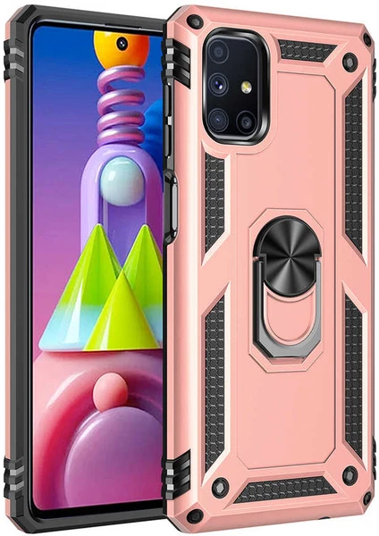 Samsung Galaxy M51 Kılıf Yüzüklü Standlı Tank Çift Katmanlı Vega Rose Gold