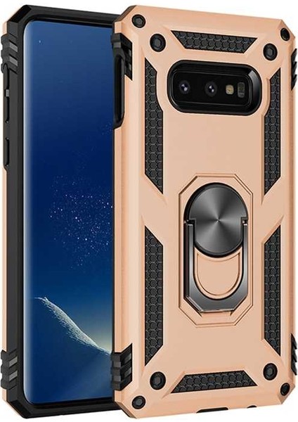 Samsung Galaxy S10E Kılıf Yüzüklü Standlı Tank Çift Katmanlı Vega Gold