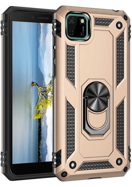 Huawei Y5P Kılıf Yüzüklü Standlı Tank Çift Katmanlı Vega Gold