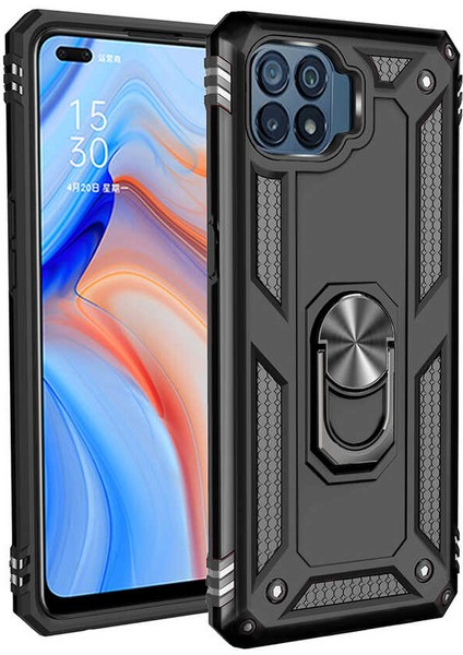 Oppo Reno 4 Lite Kılıf Yüzüklü Standlı Tank Çift Katmanlı Vega Siyah
