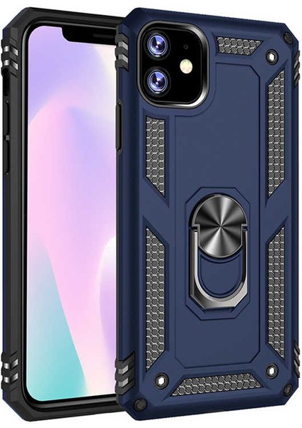 iPhone 11 Kılıf Yüzüklü Standlı Tank Çift Katmanlı Vega Mavi