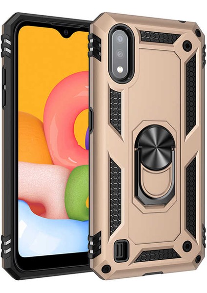 Samsung Galaxy A01 Kılıf Yüzüklü Standlı Tank Çift Katmanlı Vega Gold