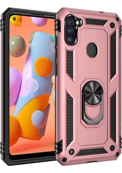 Samsung Galaxy A11 Kılıf Yüzüklü Standlı Tank Çift Katmanlı Vega Rose Gold