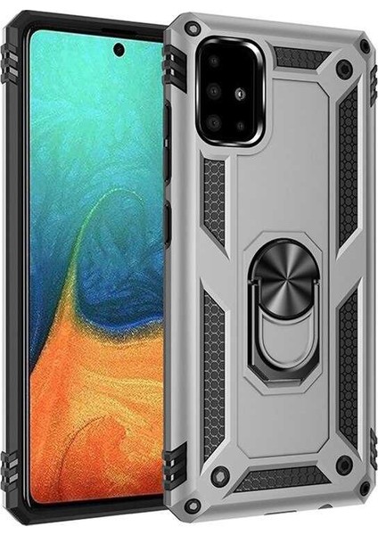 Samsung Galaxy A51 Kılıf Yüzüklü Standlı Tank Çift Katmanlı Vega Gri