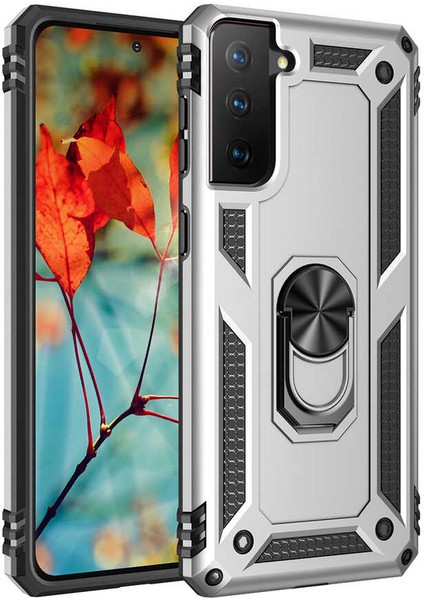 Samsung Galaxy S21 Kılıf Yüzüklü Standlı Tank Çift Katmanlı Vega Gri