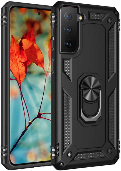 Samsung Galaxy S21 Kılıf Yüzüklü Standlı Tank Çift Katmanlı Vega Siyah
