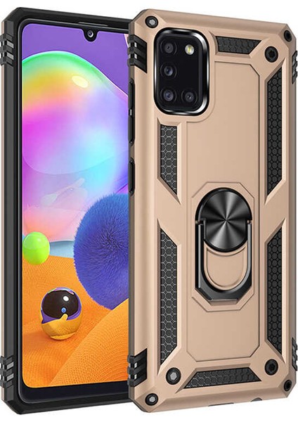 Samsung Galaxy A31 Kılıf Yüzüklü Standlı Tank Çift Katmanlı Vega Gold