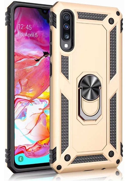 Samsung Galaxy A70 Kılıf Yüzüklü Standlı Tank Çift Katmanlı Vega Gold