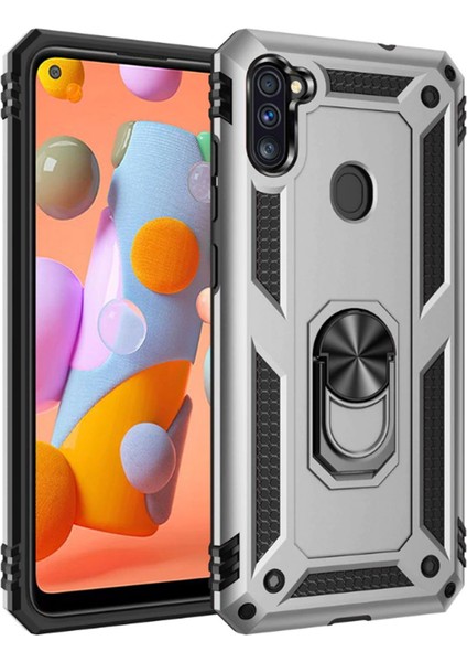 Samsung Galaxy M11 Kılıf Yüzüklü Standlı Tank Çift Katmanlı Vega Gri