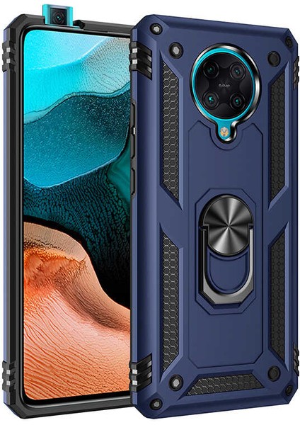 Xiaomi Poco F2 Pro Kılıf Yüzüklü Standlı Tank Çift Katmanlı Vega Mavi