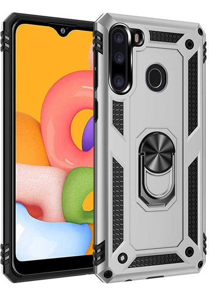 Samsung Galaxy A21 Kılıf Yüzüklü Standlı Tank Çift Katmanlı Vega Gri
