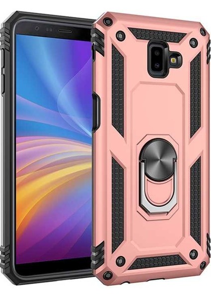 Samsung Galaxy J6 Plus Kılıf Yüzüklü Standlı Tank Çift Katmanlı Vega Rose Gold