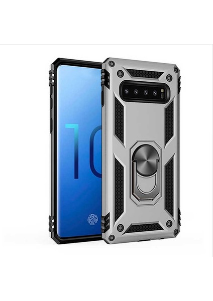 Samsung Galaxy S10 Kılıf Yüzüklü Standlı Tank Çift Katmanlı Vega Gri