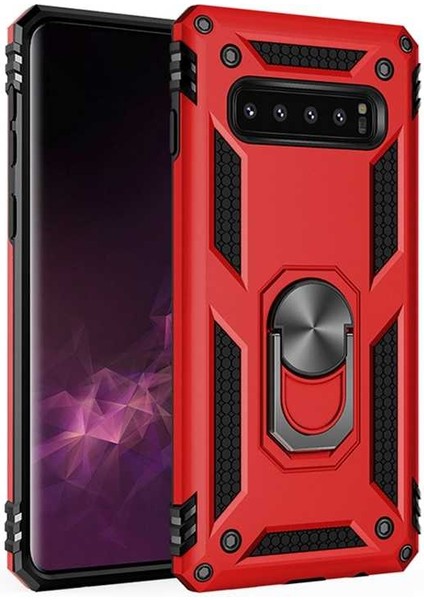 Samsung Galaxy S10 Plus Kılıf Yüzüklü Standlı Tank Çift Katmanlı Vega Kırmızı