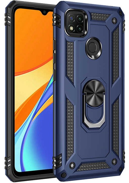 Xiaomi Redmi 9c Kılıf Yüzüklü Standlı Tank Çift Katmanlı Vega Mavi