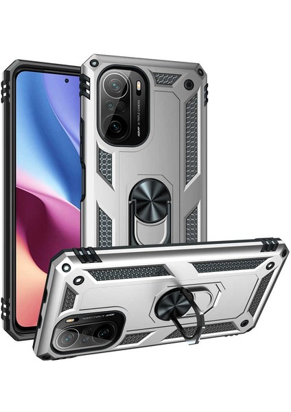 Xiaomi Redmi K40 Kılıf Yüzüklü Standlı Tank Çift Katmanlı Vega Gri