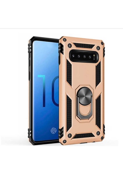 Samsung Galaxy S10 Kılıf Yüzüklü Standlı Tank Çift Katmanlı Vega Gold