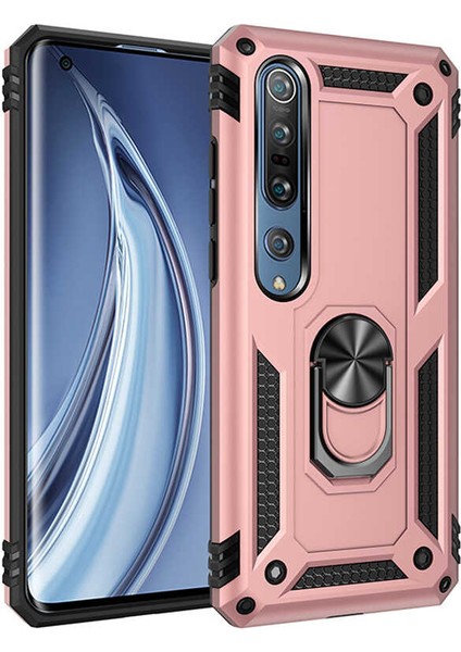 Xiaomi Mi Note 10 Lite Kılıf Yüzüklü Standlı Tank Çift Katmanlı Vega Rose Gold