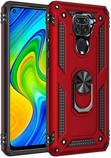 Xiaomi Redmi Note 9 Kılıf Yüzüklü Standlı Tank Çift Katmanlı Vega Kırmızı