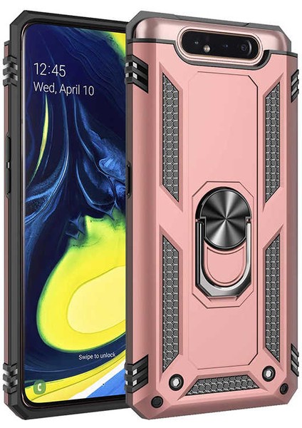 Samsung Galaxy A80 Kılıf Yüzüklü Standlı Tank Çift Katmanlı Vega Rose Gold