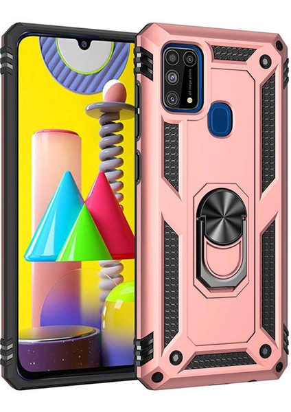 Samsung Galaxy M31 Kılıf Yüzüklü Standlı Tank Çift Katmanlı Vega Rose Gold