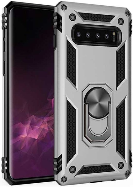 Samsung Galaxy S10 Plus Kılıf Yüzüklü Standlı Tank Çift Katmanlı Vega Gri