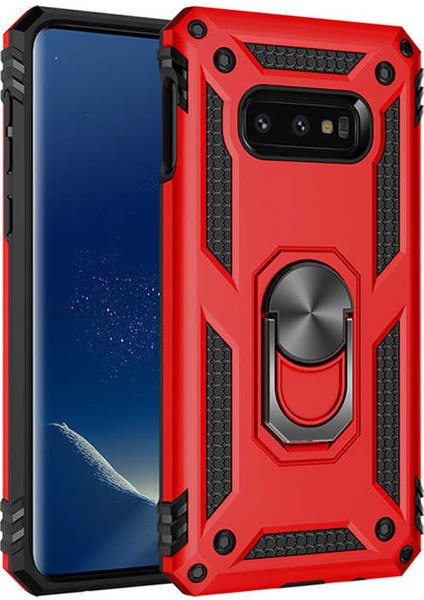 Samsung Galaxy S10E Kılıf Yüzüklü Standlı Tank Çift Katmanlı Vega Kırmızı