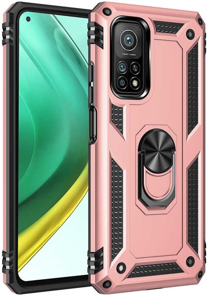 Xiaomi Mi 10T Pro Kılıf Yüzüklü Standlı Tank Çift Katmanlı Vega Rose Gold