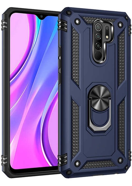 Xiaomi Redmi 9 Kılıf Yüzüklü Standlı Tank Çift Katmanlı Vega Mavi