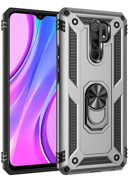 Xiaomi Redmi 9 Kılıf Yüzüklü Standlı Tank Çift Katmanlı Vega Gri