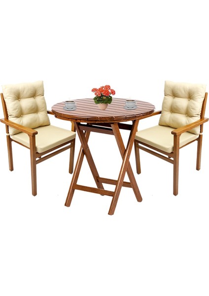 Manavgat Ahşap Bahçe Balkon Seti | 70 cm Yuvarlak Katlanır Masa + 2 Minderli Sandalye Takımı