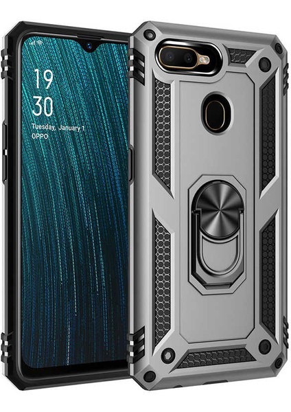 Oppo A12 Kılıf Yüzüklü Standlı Tank Çift Katmanlı Vega Gri