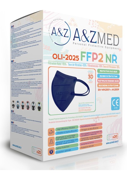 Ffp2 N95 Çocuk Maskesi Telli ve Tek Tek Paketli 20 Adet - Mavi