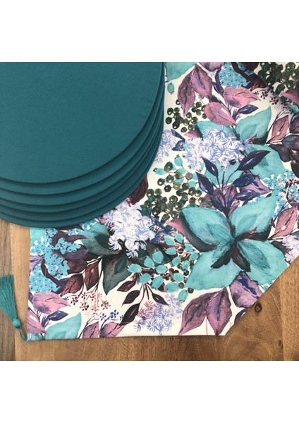 Amerikan Servis Mor Menekşe Desen Takım 6 Supla ve Runner Örtü