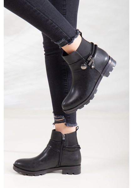 Tures Yanları Lastikli Bilek Boy Kadın Bot Siyah Cilt