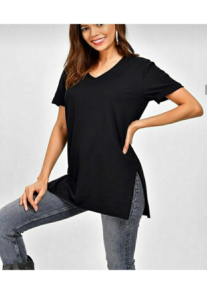 Viskon Kumaş Yırtmaçlı V Yaka Bluz (Siyah)