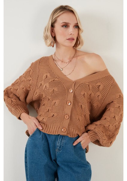 V Yaka Düğmeli Örgülü Triko Hırka Bayan Hırka 6310007