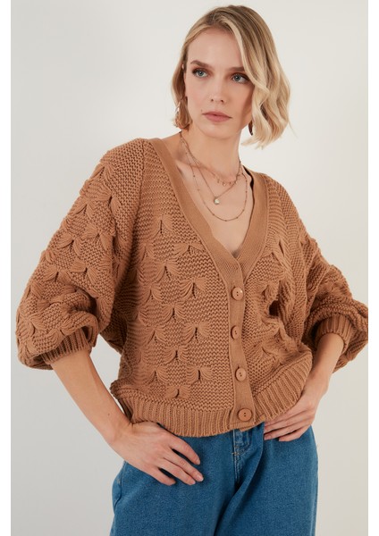 V Yaka Düğmeli Örgülü Triko Hırka Bayan Hırka 6310007 modelleri