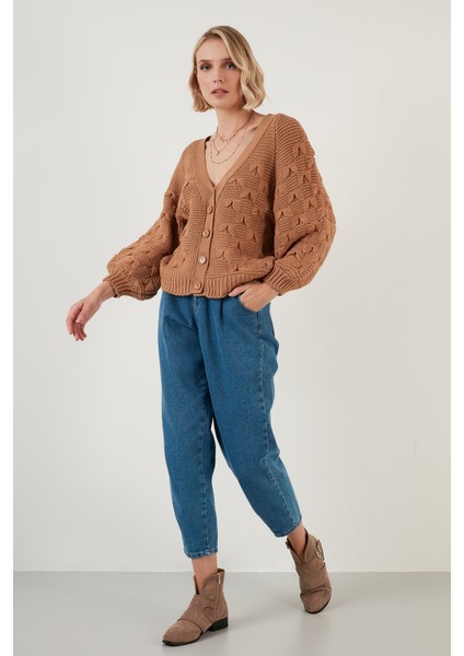 V Yaka Düğmeli Örgülü Triko Hırka Bayan Hırka 6310007 fırsatları