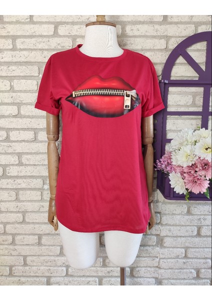 Dudak Baskılı Pamuklu Süprem Kumaş Tişört 65CM fiyatları