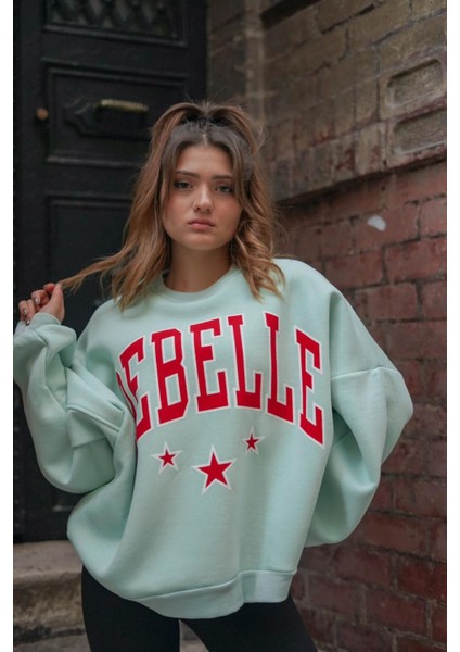 Bayan Mint Yeşili Rebelıe Baskılı Oversize 3iplik Sweatshirt