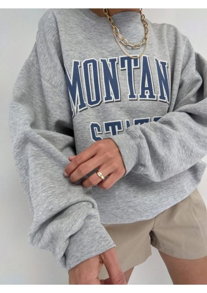 Kadın Gri Montana Baskılı 3iplik Oversize Sweatshirt