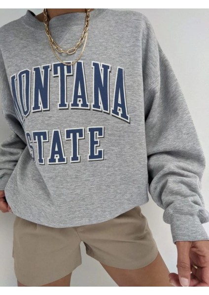 Kadın Gri Montana Baskılı 3iplik Oversize Sweatshirt modelleri
