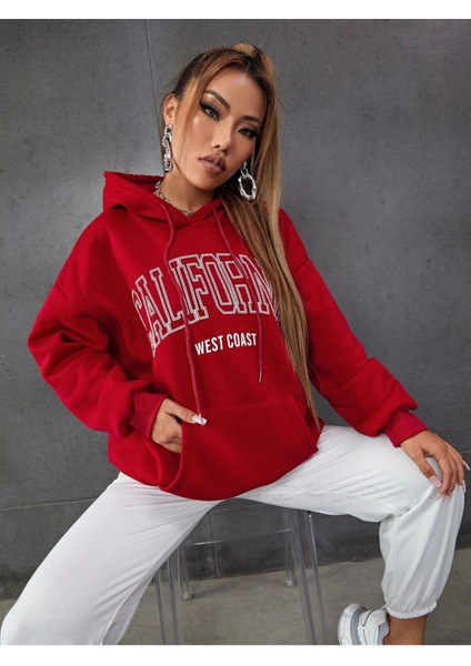 Kadın Kırmızı Calıfornıa Basklı Sweatshirt