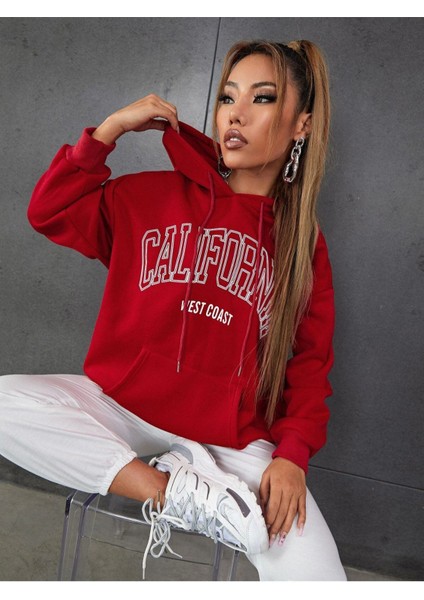 Kadın Kırmızı Calıfornıa Basklı Sweatshirt modelleri