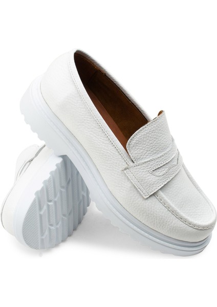 Hakiki Deri Beyaz Loafer Kadın Ayakkabı modelleri