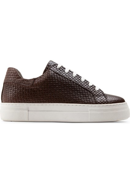 Hakiki Deri Kahverengi Örgü Desen Sneaker Kadın Ayakkabı