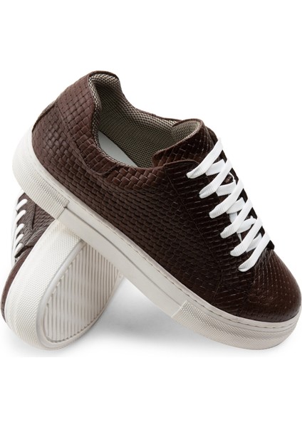 Hakiki Deri Kahverengi Örgü Desen Sneaker Kadın Ayakkabı modelleri